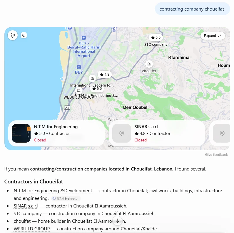 ChatGPT answer to the question "contracting company choueifat": a map with N.T.M for Engineering shown first, rated 5.0, followed by a list of contractors in Choueifat with N.T.M for Engineering & Development at the top.